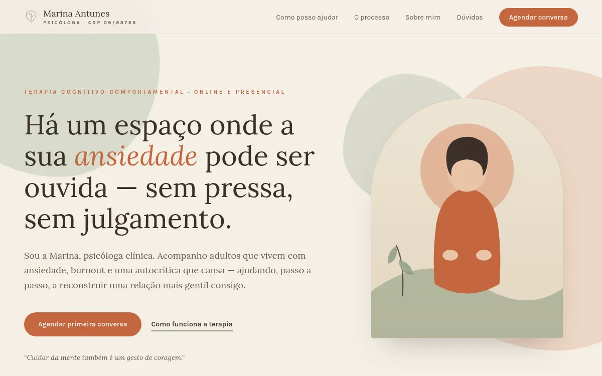 Site organico em tons terrosos com arcos e blobs para psicologa
