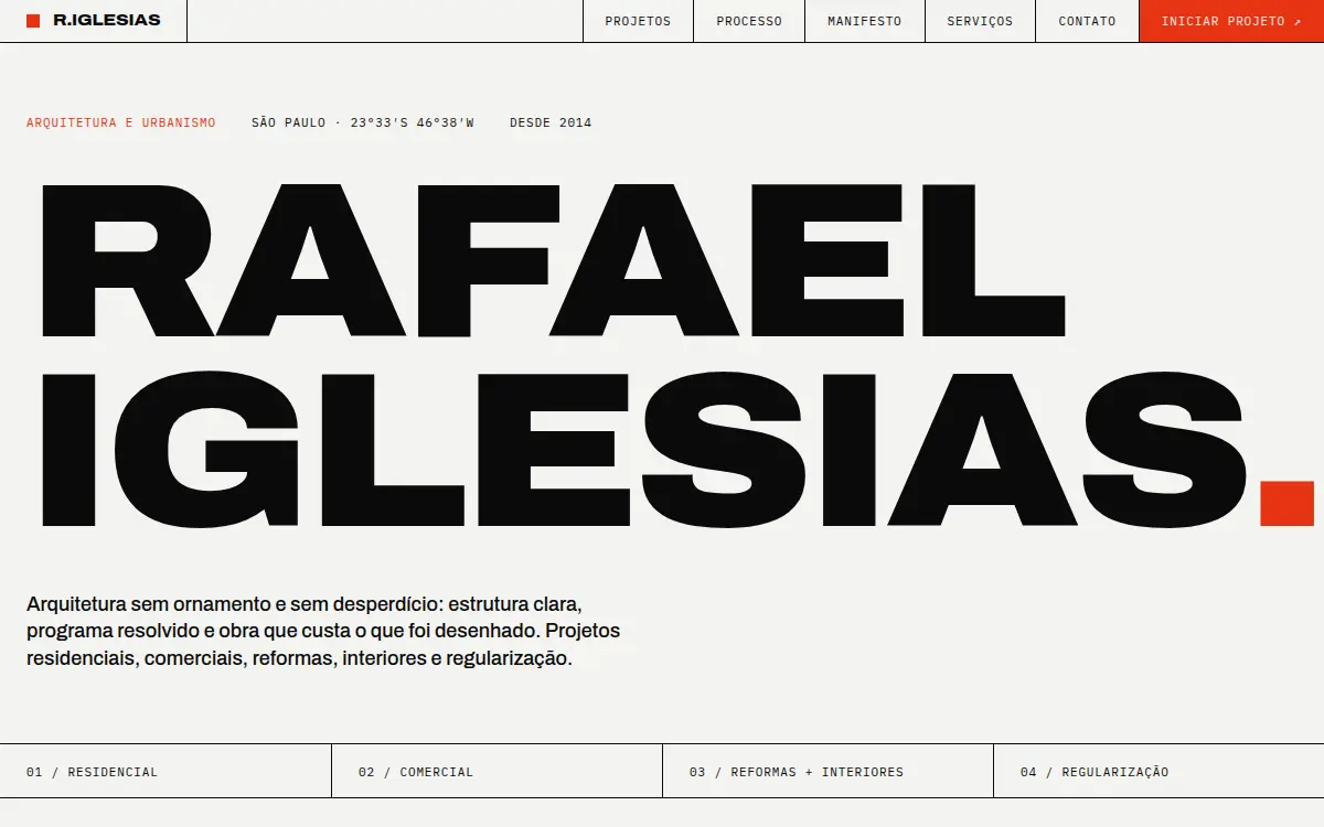 Site suico brutalista preto e branco com vermelho sinal para arquiteto