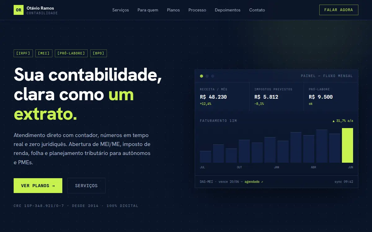 Site fintech escuro navy com lima eletrico para contador