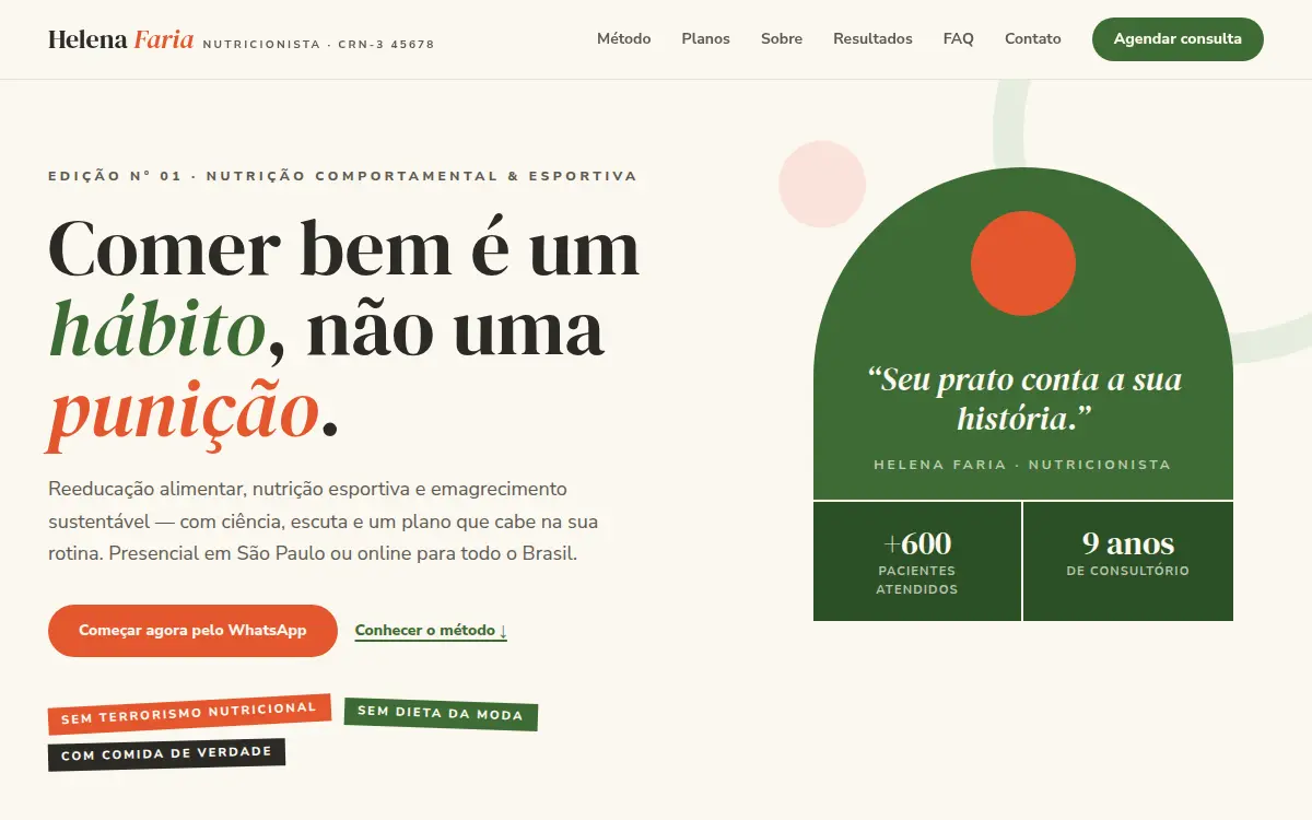 Site editorial revista em creme e verde folha para nutricionista