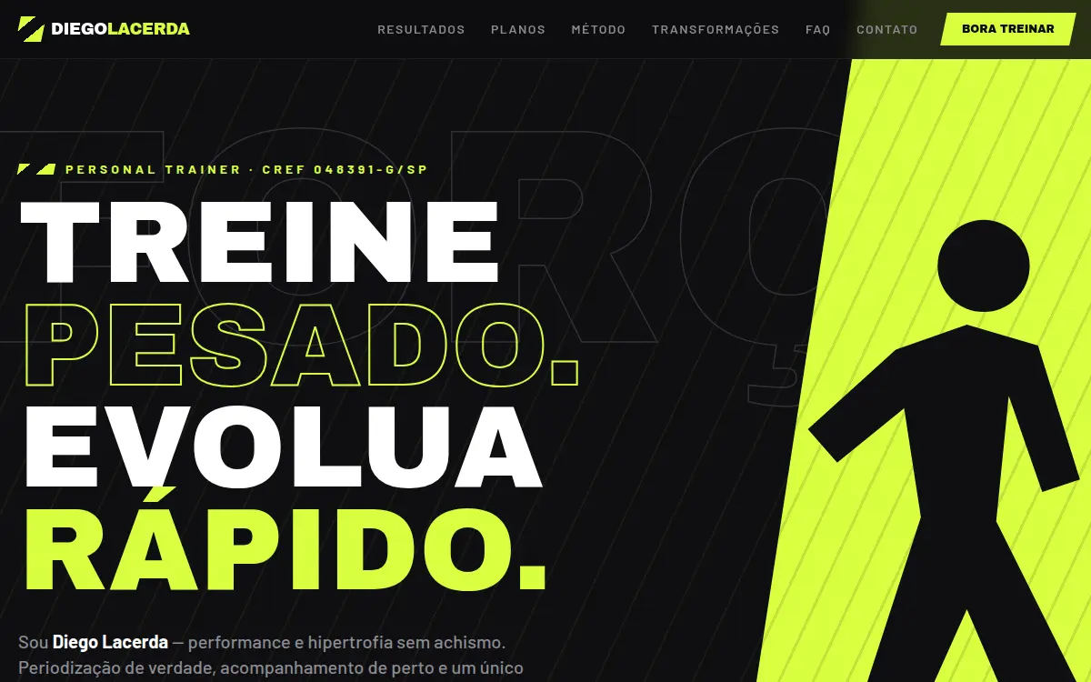 Site atletico escuro com amarelo volt e tipografia condensada para personal trainer