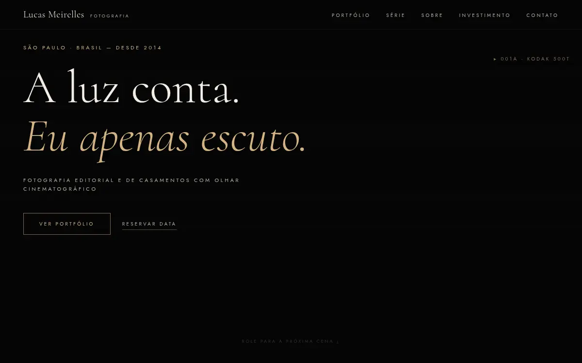 Site galeria cinematografica preta com serifa elegante para fotografo