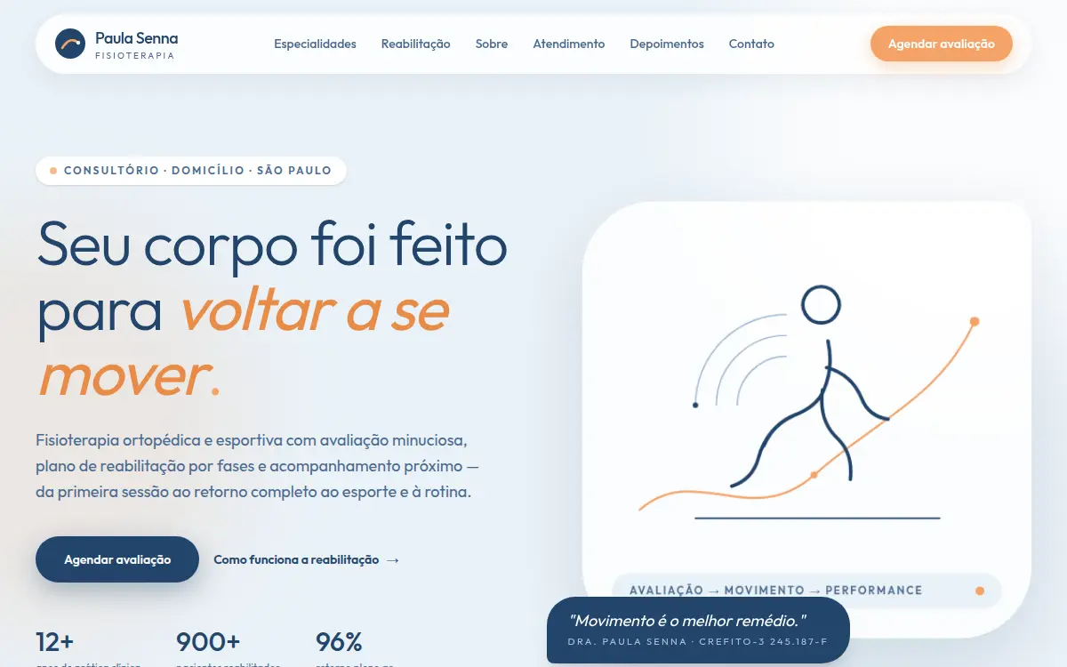 Site azul claro com line art de movimento para fisioterapeuta