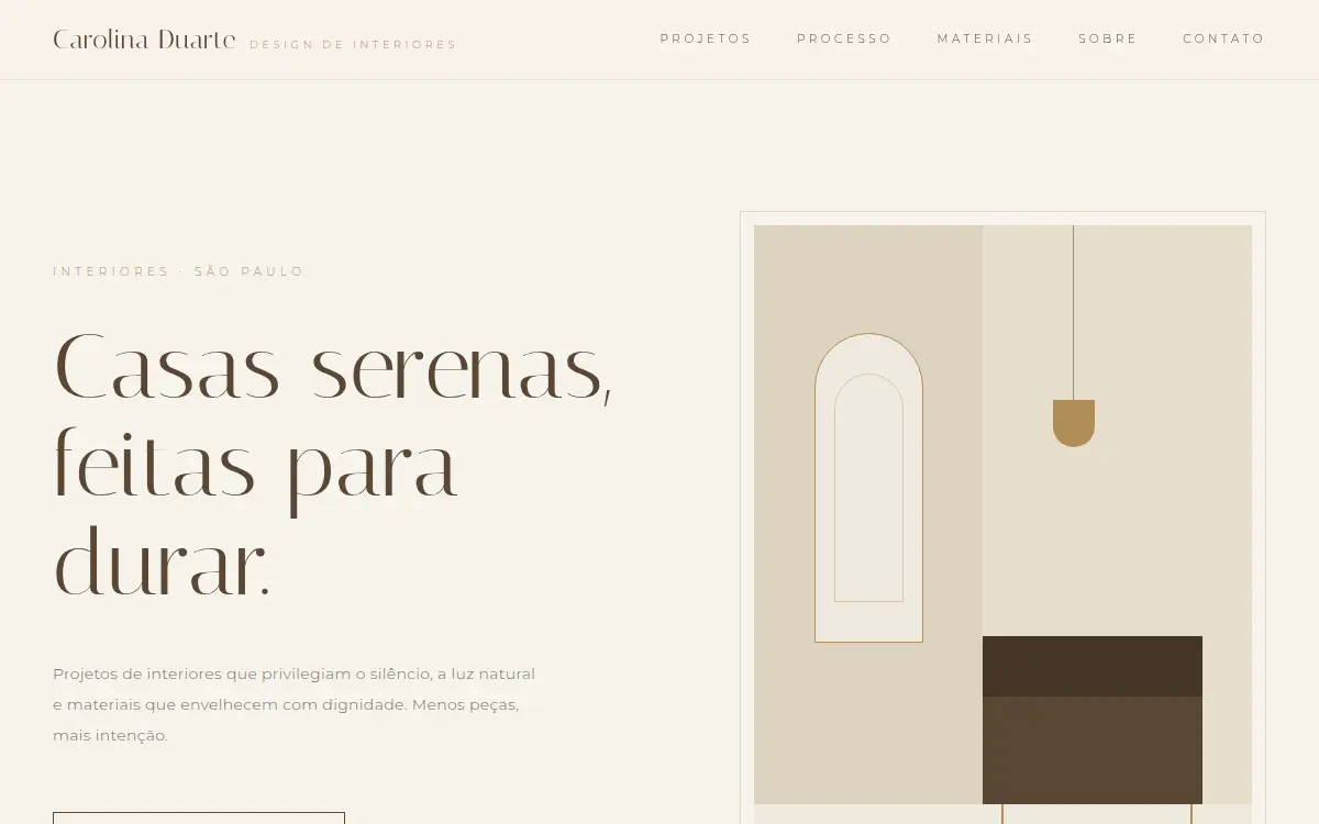 Site marfim luxuoso com vinhetas de ambientes para designer de interiores