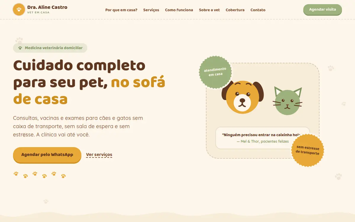 Site creme caloroso com pegadas e ilustracoes de pets para veterinaria