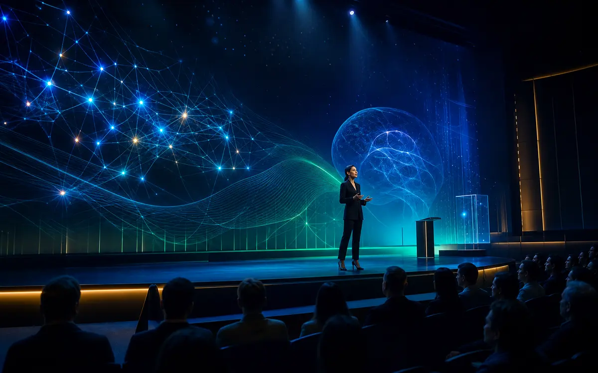 Palestra futurista com rede neural luminosa e palco de tecnologia
