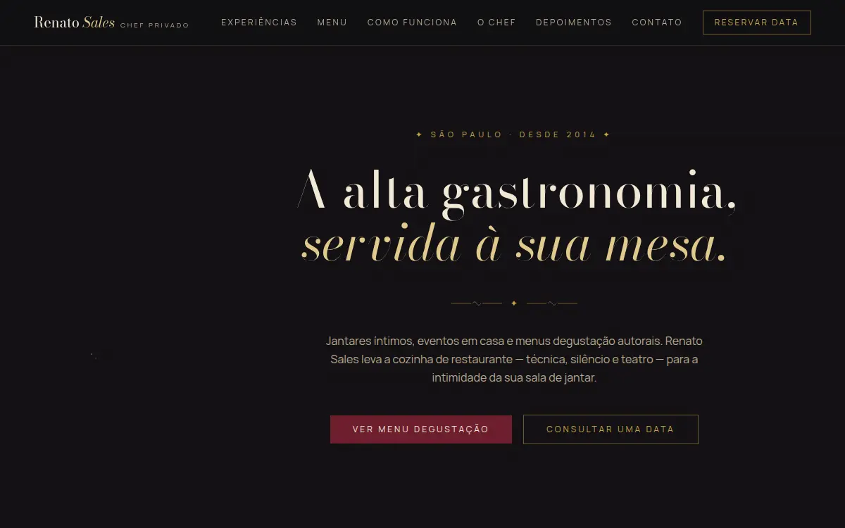 Site gastronomico escuro com tipografia Bodoni e menu degustacao para chef