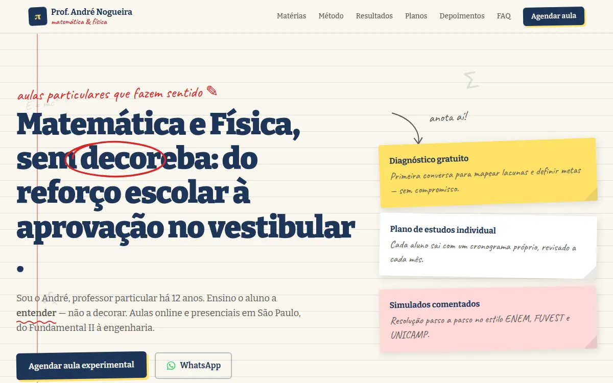 Site estilo caderno pautado com anotacoes a mao para professor particular