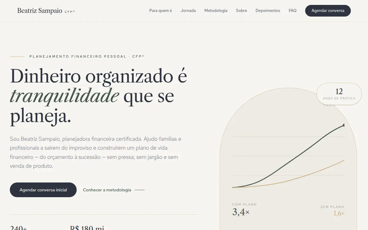 Site porcelana e champanhe com graficos serenos para consultora financeira