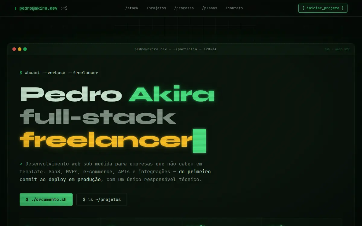 Site terminal retro com fosforo verde e janelas de codigo para desenvolvedor