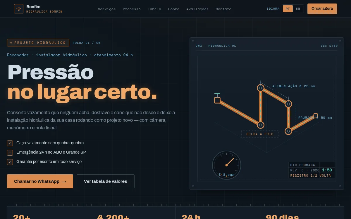 Site blueprint isometrico grafite e cobre com diagramas de tubulacao para encanador
