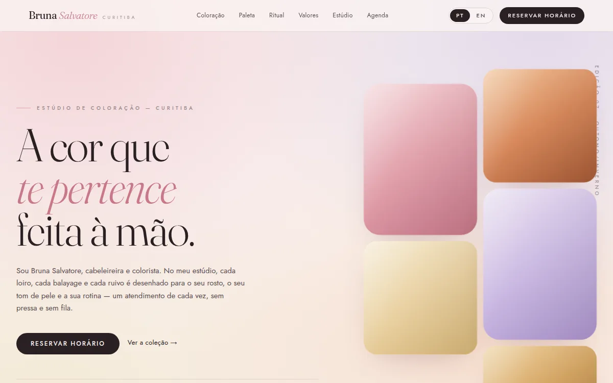 Site lookbook editorial pastel com serifa gigante para cabeleireira colorista