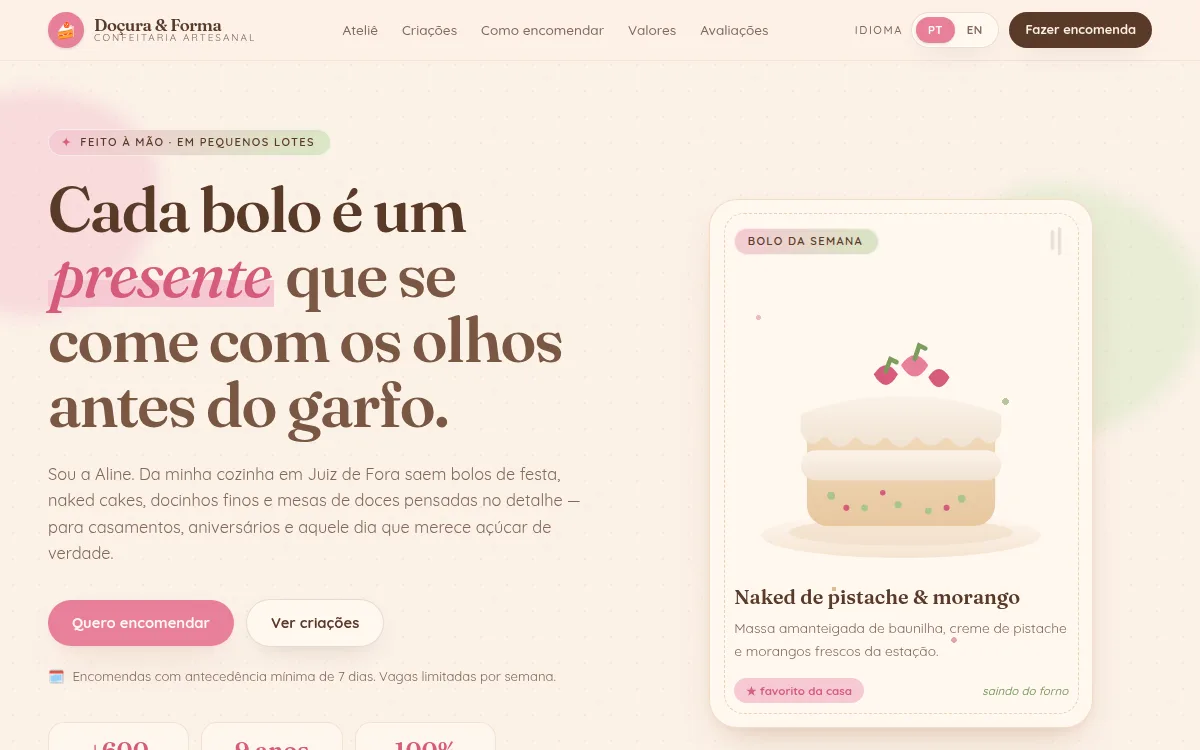 Site confeitaria pastel com formas arredondadas e fitas para cake designer