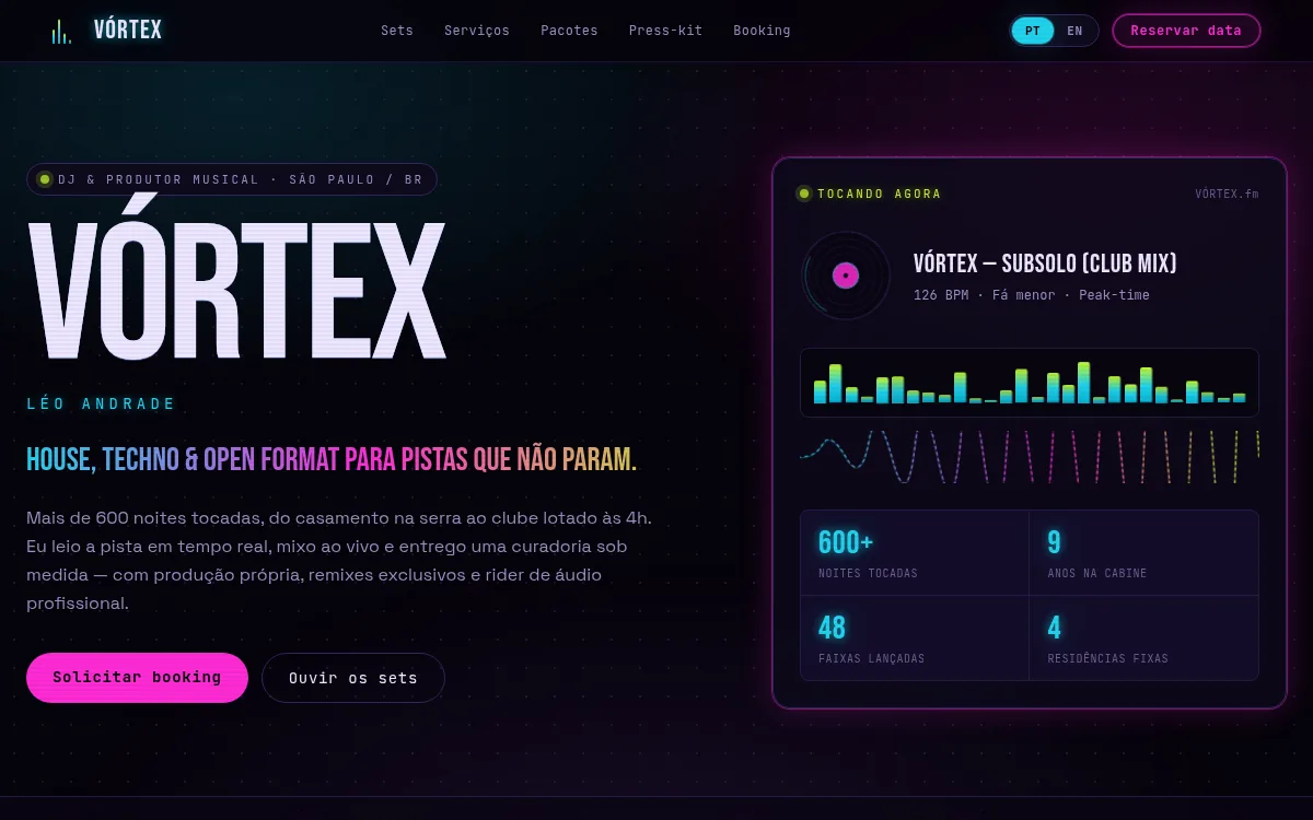Site neon escuro com forma de onda e equalizador para DJ e produtor musical