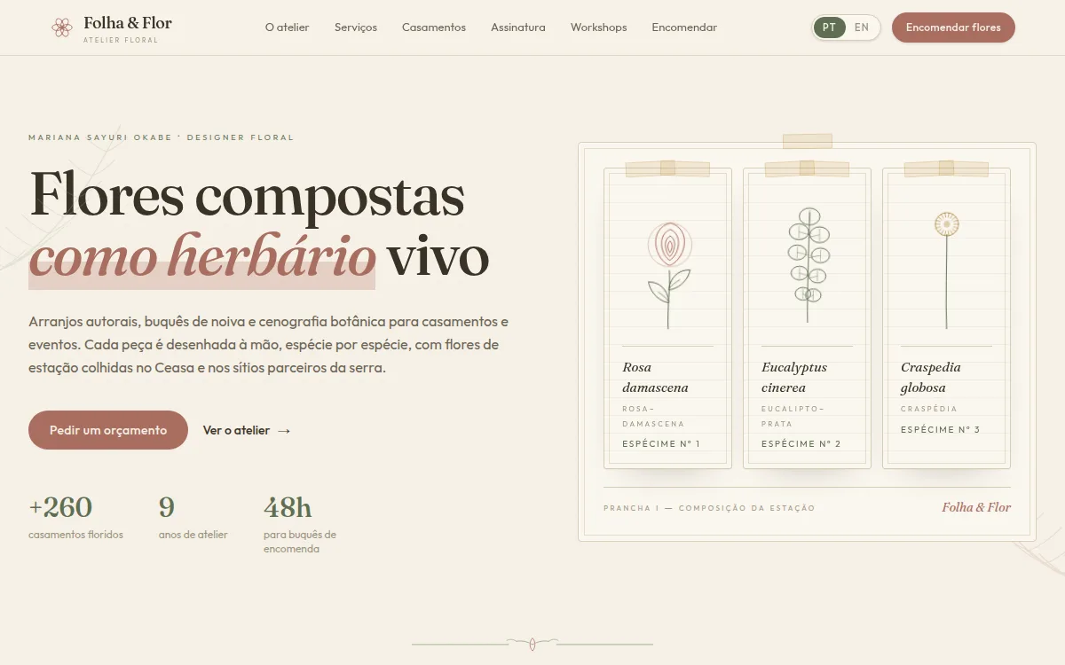 Site herbario botanico creme com flores ilustradas em SVG para florista