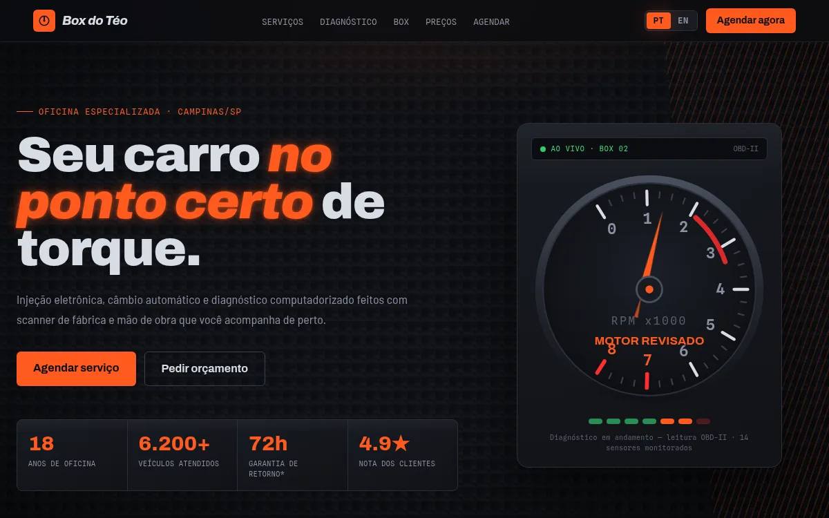 Site garagem carbono e laranja de corrida com mostradores para mecanico