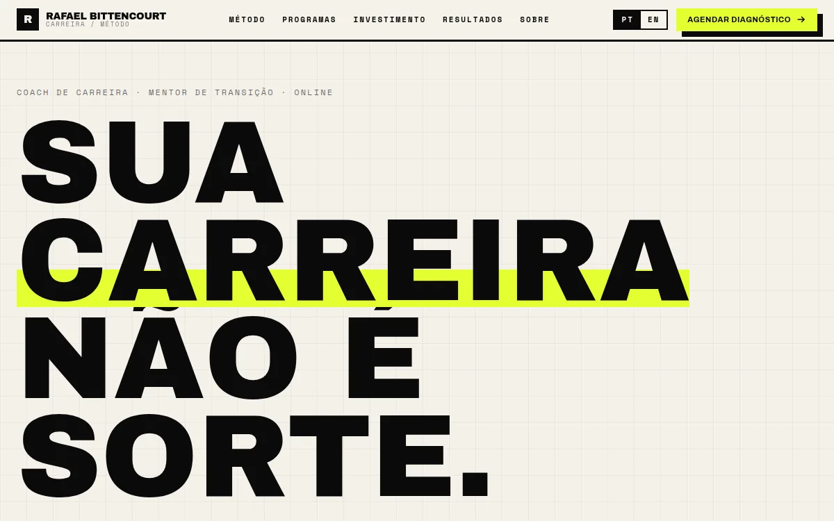 Site brutalista tipografico monocromatico com amarelo sinal para coach de carreira
