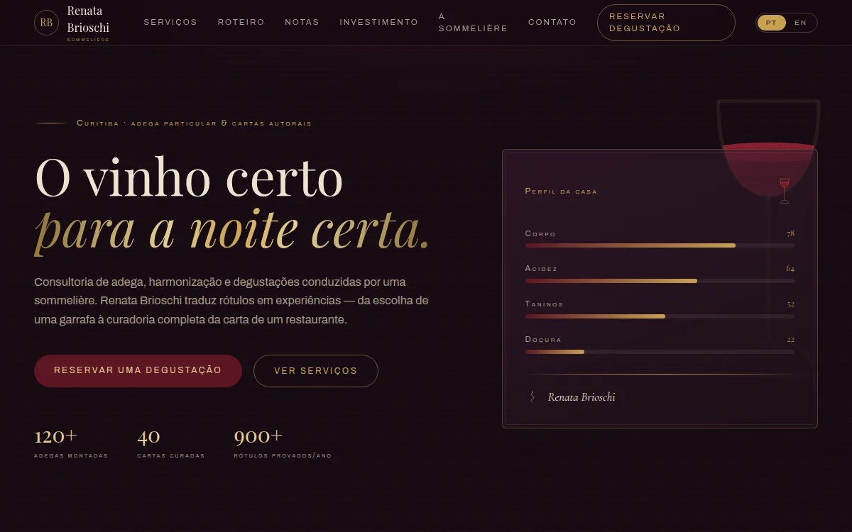 Site adega escura berinjela e ouro com roda de aromas para sommelier