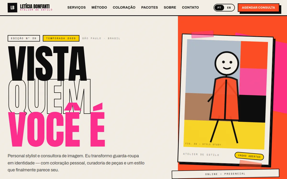 Site colagem editorial de alto contraste coral para personal stylist