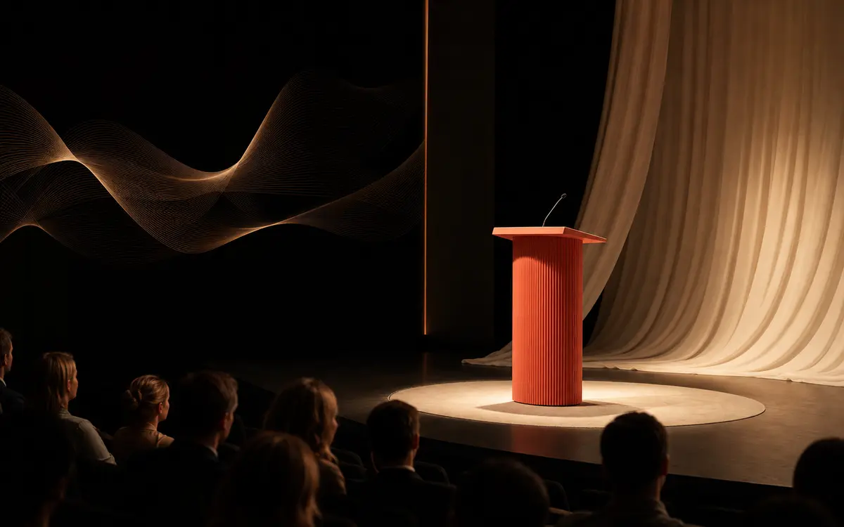 Teatro boutique com lectern coral, cortinas creme e ondas de som