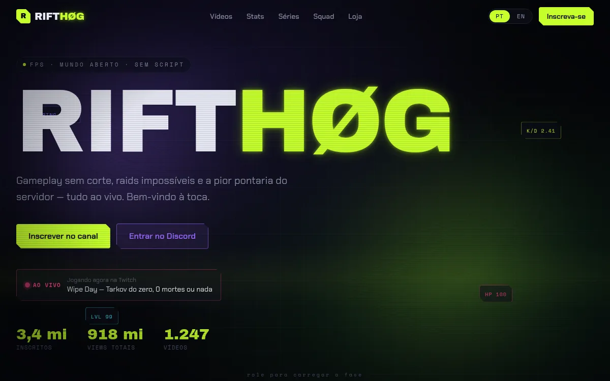 Site gamer HUD escuro com parallax e cursor mira para youtuber de games