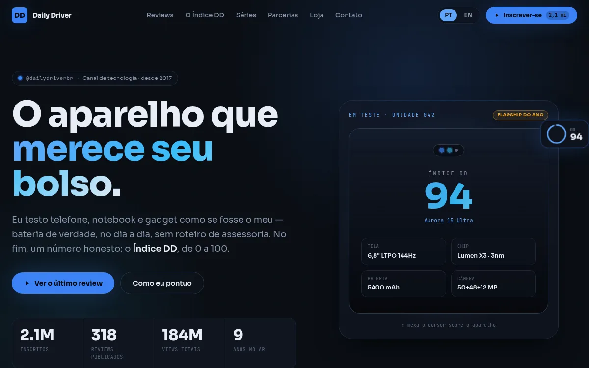 Site tech premium grafite com card 3D inclinavel para resenhista de gadgets
