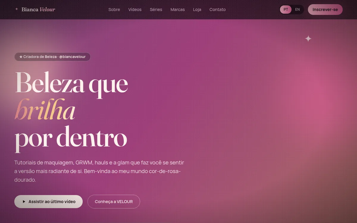 Site beauty glossy rose-gold com gradiente que muda de cor para youtuber de maquiagem