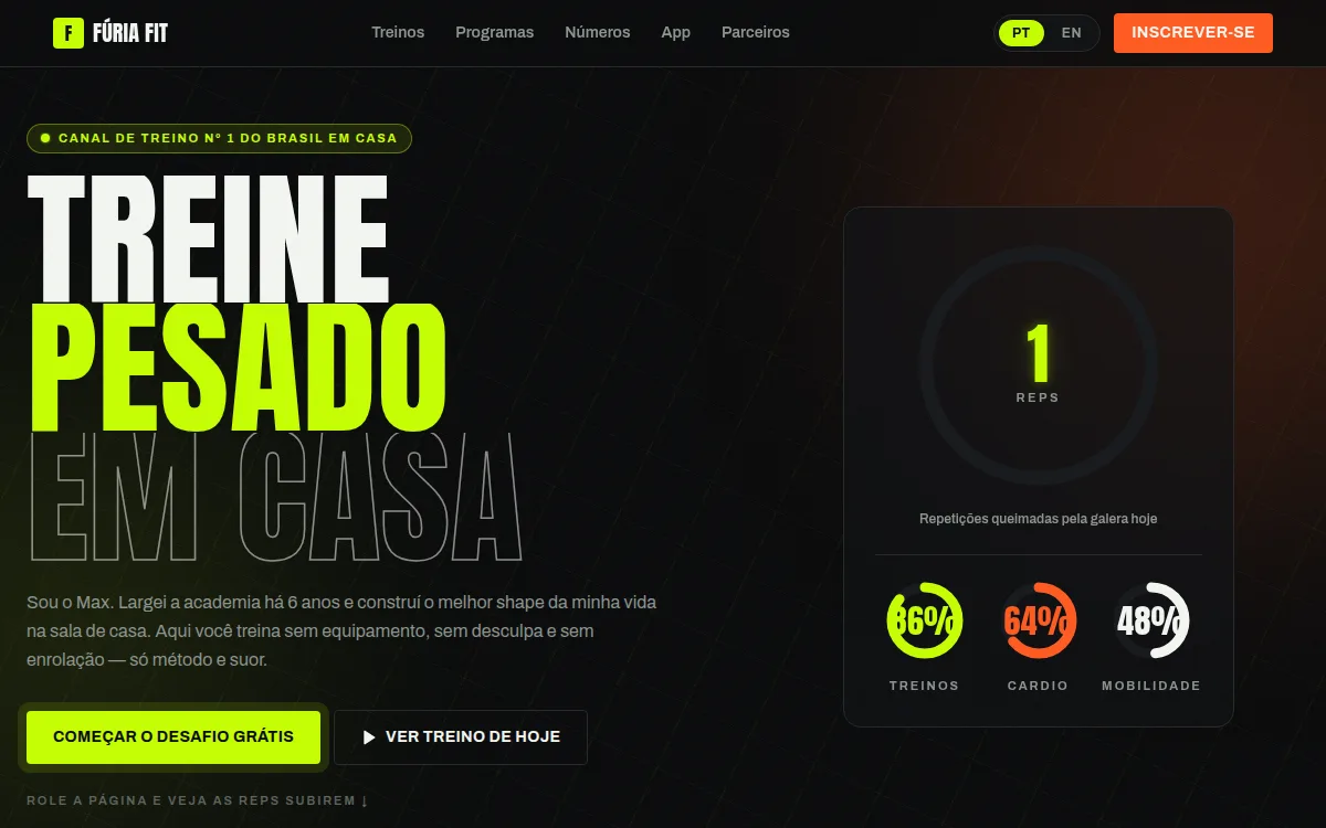Site fitness preto e verde-acido com contador de reps no scroll para youtuber fitness