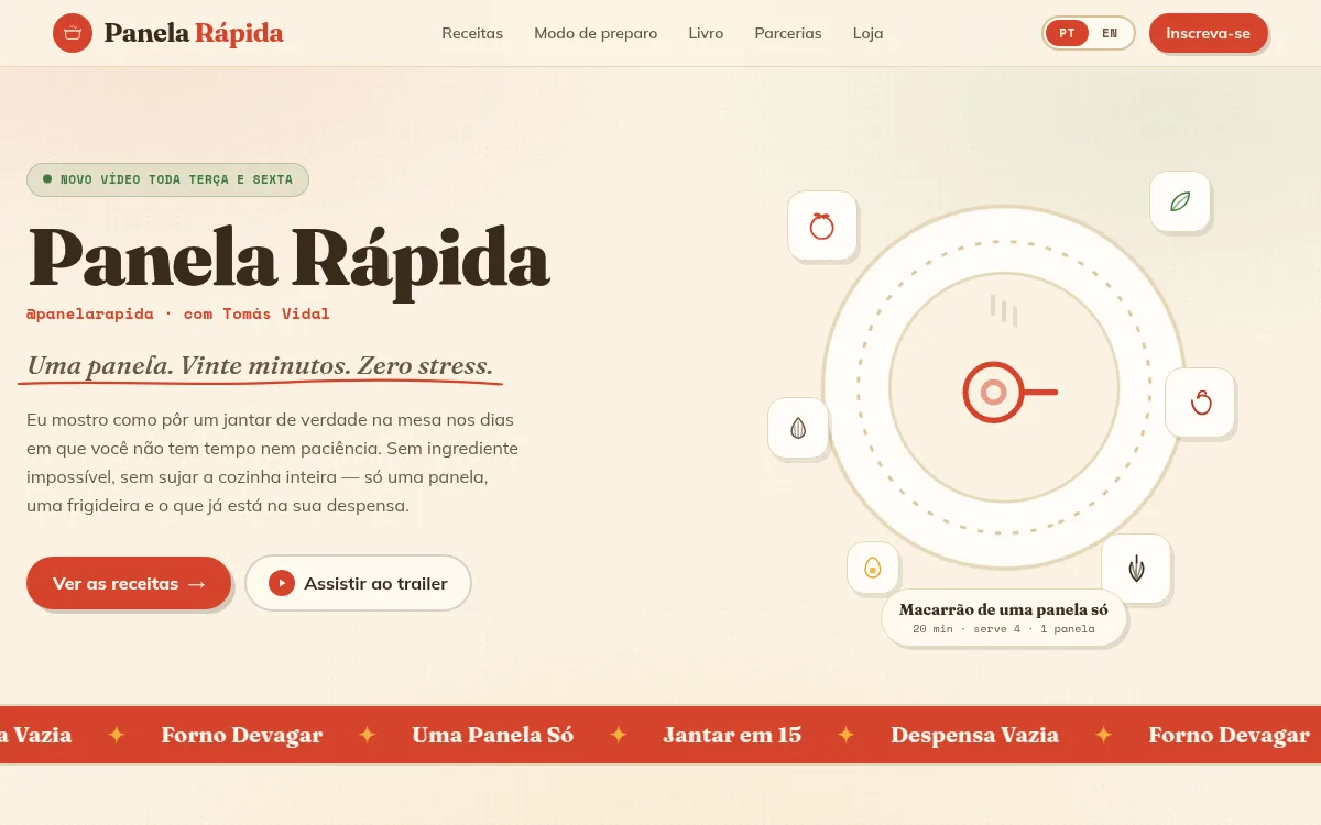 Site culinaria creme e tomate com ingredientes voando em stagger para youtuber de cozinha
