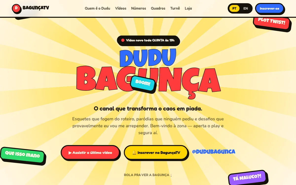 Site comedia pop com molas exageradas e confete em burst para youtuber de humor