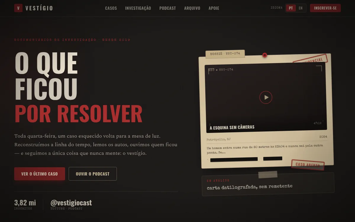 Site true crime noir com dossie que se revela e tarjas de redacao para youtuber de misterio