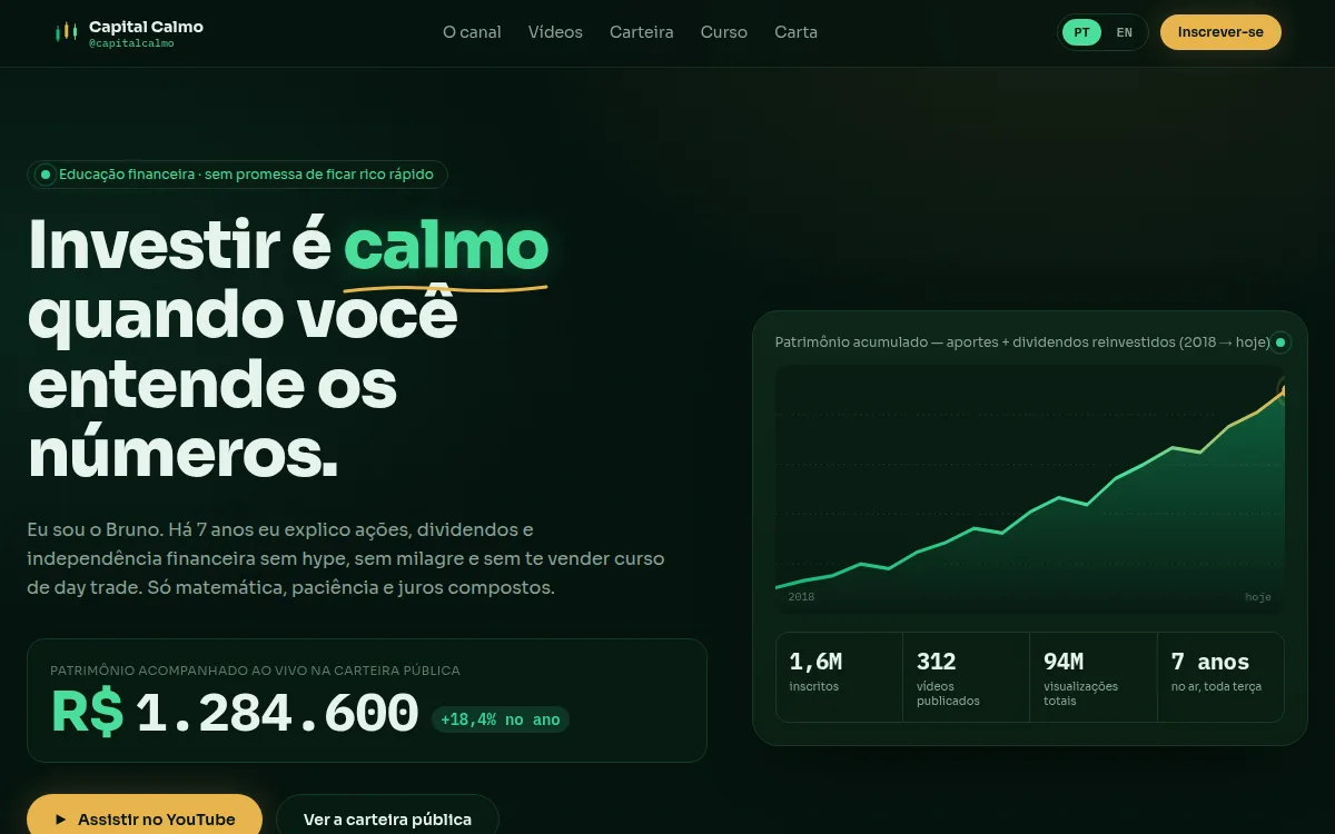 Site financas verde e ouro com graficos que se desenham e ticker para youtuber de investimentos