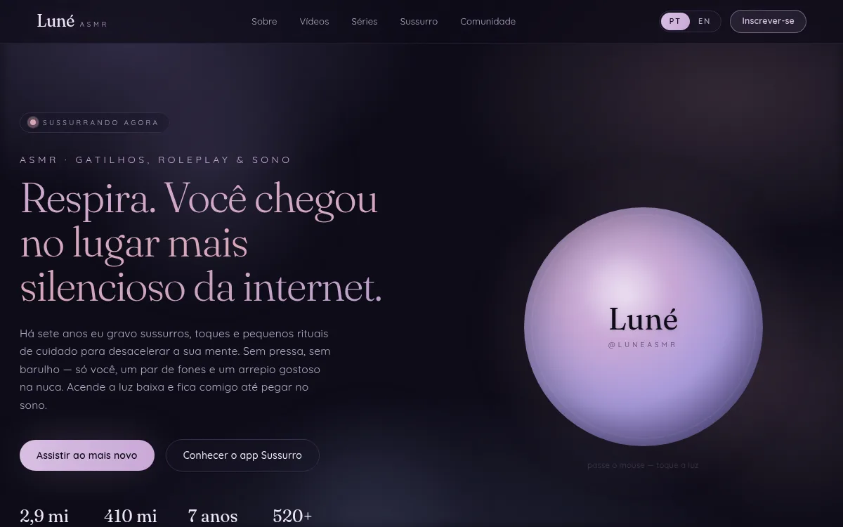 Site ASMR indigo suave com circulo que respira e ondas no hover para youtuber de ASMR