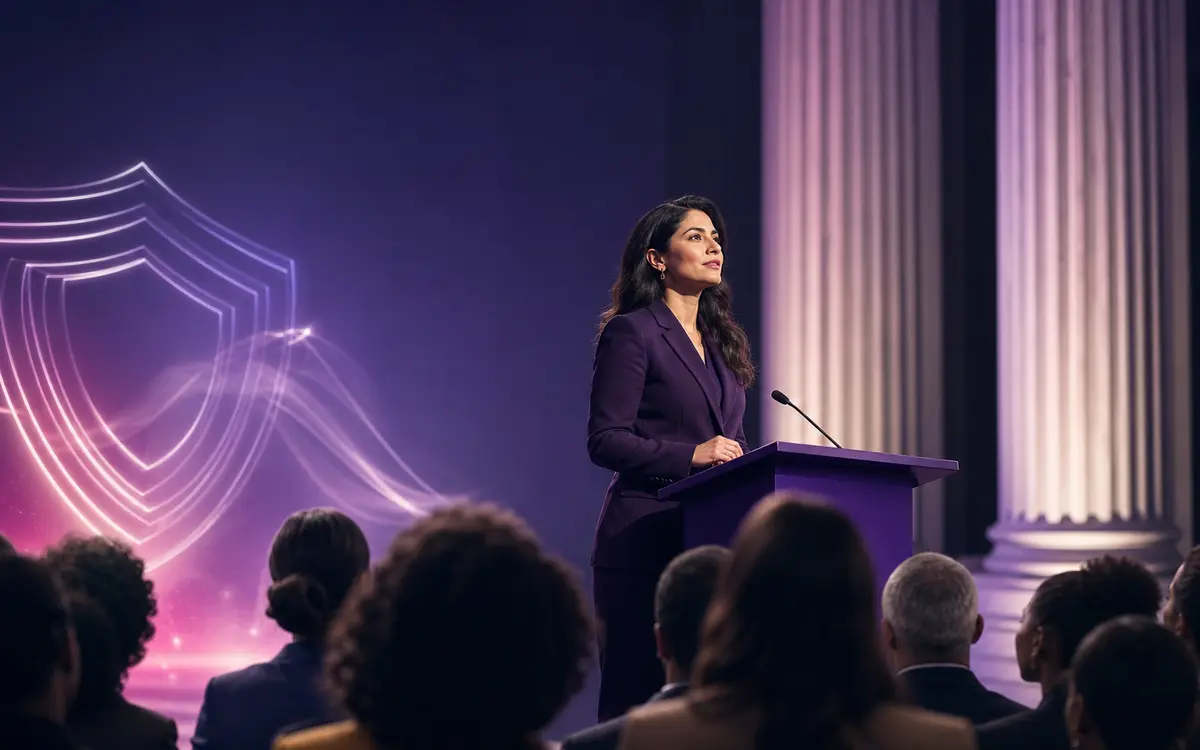 Especialista legal em palco com escudo luminoso e colunas institucionais