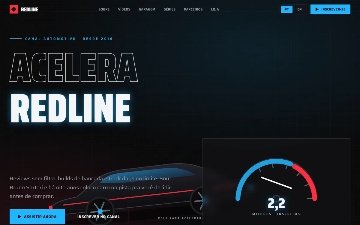 Site automotivo preto fosco com riscos de velocidade e carro revelado no scroll para youtuber de carros