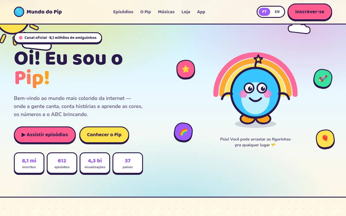 Site infantil cartoon brilhante com mascote saltitante e stickers arrastaveis para canal kids