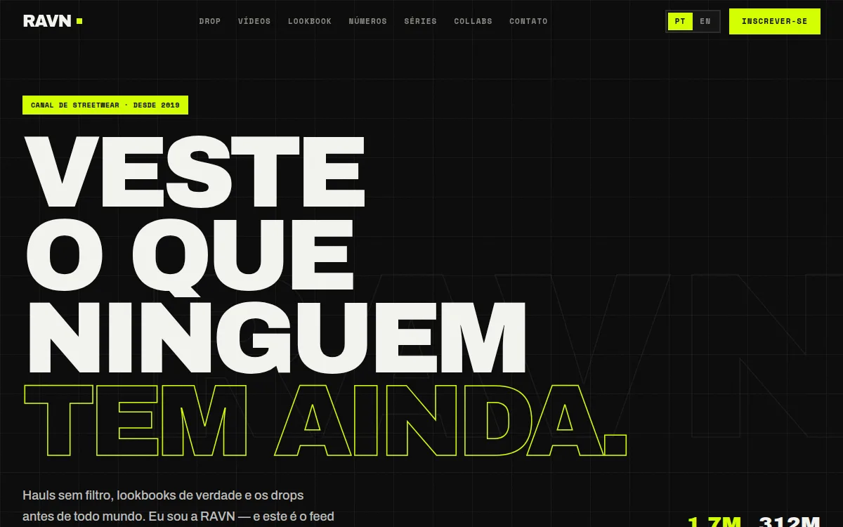 Site streetwear preto e branco com rastro de imagens no cursor e marquees de drop para youtuber de moda
