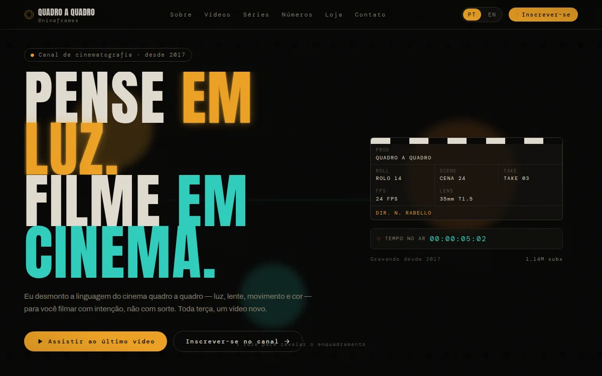 Site cinema preto com tarjas letterbox e timecode para youtuber de filmmaking