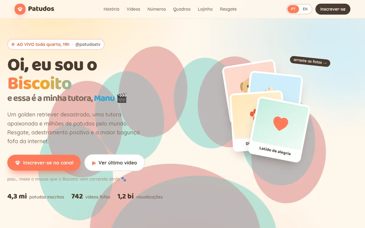 Site pet creme e coral com mascote que persegue o cursor e rastro de patas para youtuber de animais