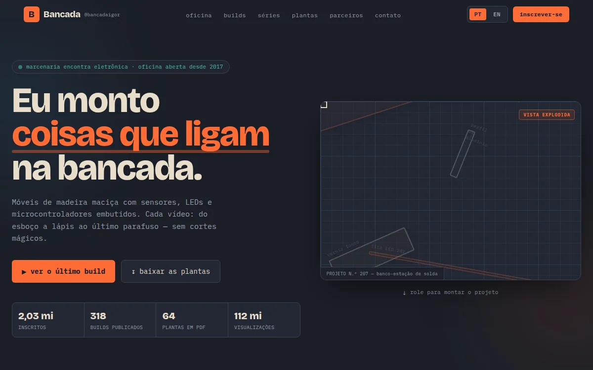 Site maker kraft e laranja com montagem de pecas no scroll e blueprint para youtuber DIY