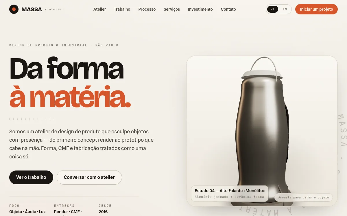Site studio de design com objeto 3D giratorio em turntable para estudio de produto