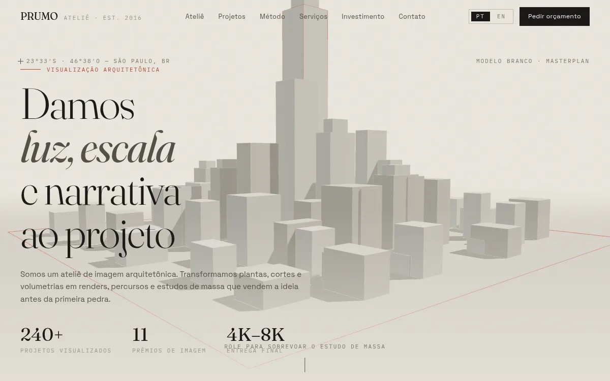 Site archviz com fly-through de volumetria de edificios no scroll para estudio de arquitetura