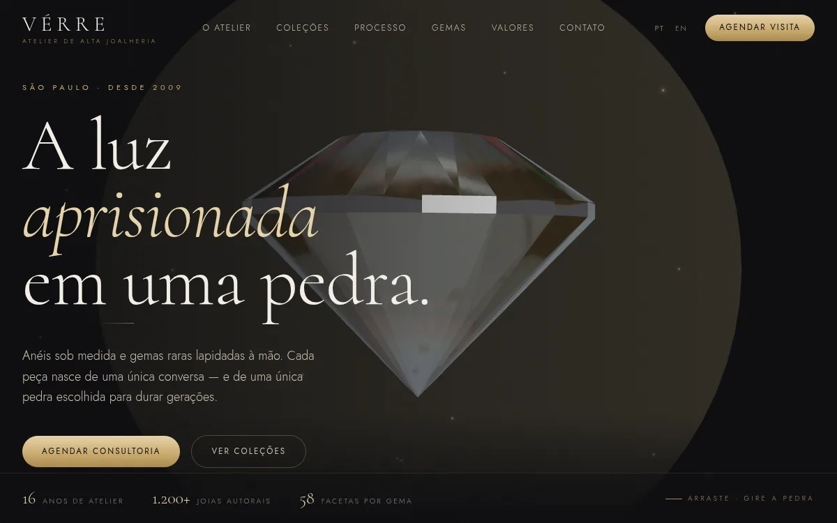 Site joalheria com gema refrativa e reflexos para marca de joias finas