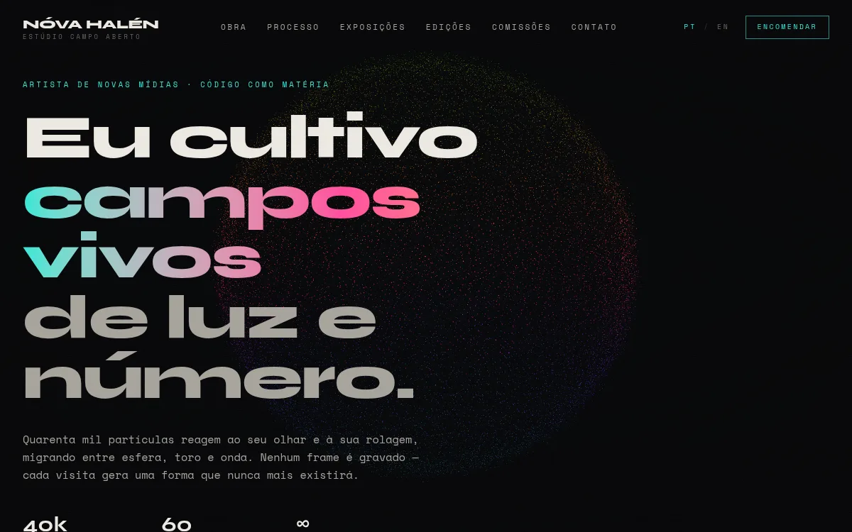 Site galeria escura com campo de particulas instanciadas que se transforma para artista generativo