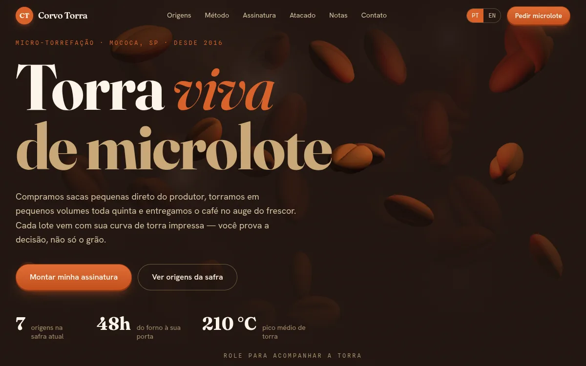 Site cafe artesanal com graos flutuando em 3D para torrefacao especial
