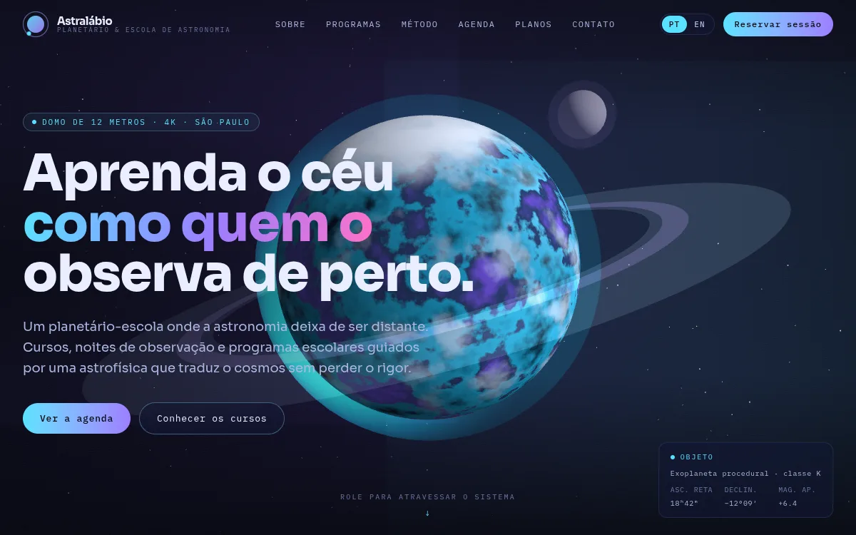 Site astronomia com planeta e atmosfera shader e sistema solar para planetario