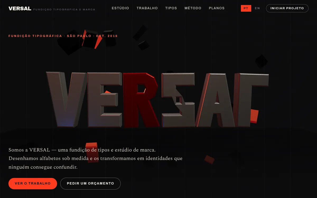 Site editorial com tipografia 3D extrudada cinetica para estudio de tipografia