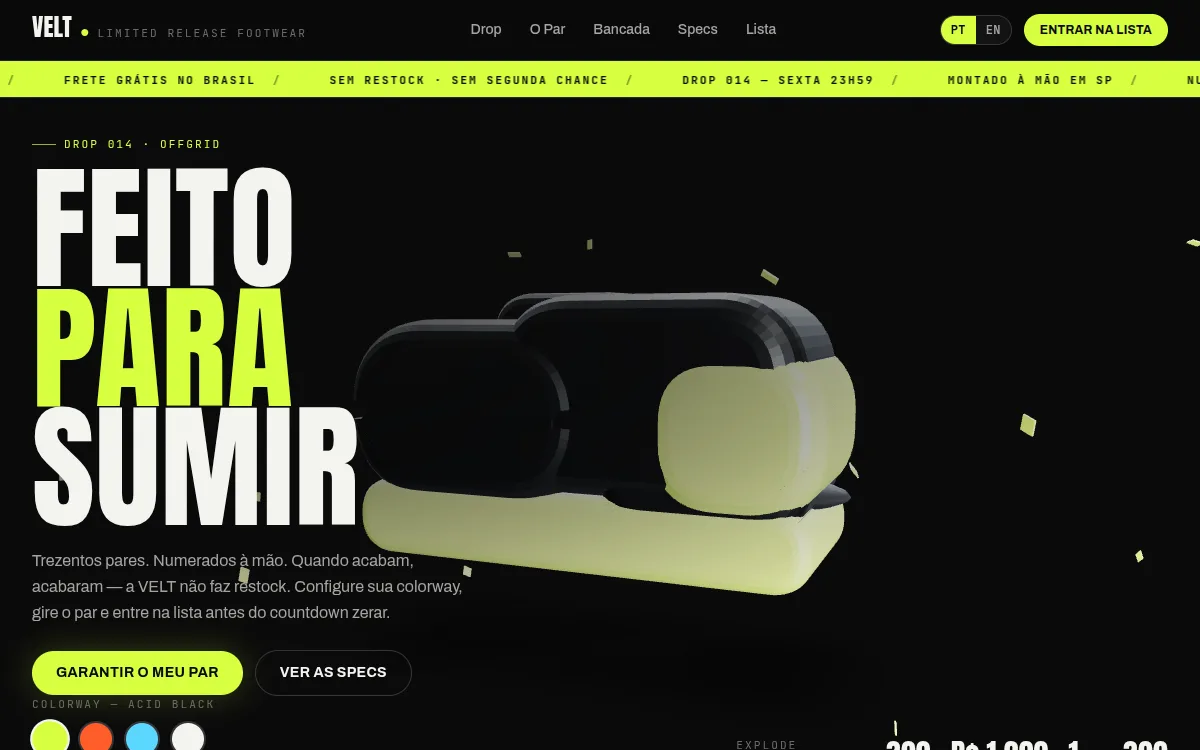 Site sneaker com tenis 3D giratorio e vista explodida no scroll para marca de drops