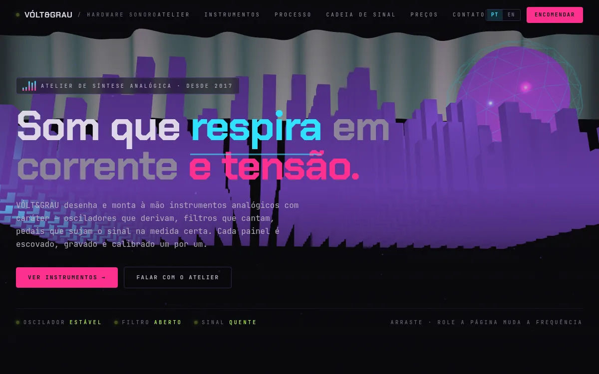 Site audio com malha de espectro reativa e neon para marca de sintetizadores