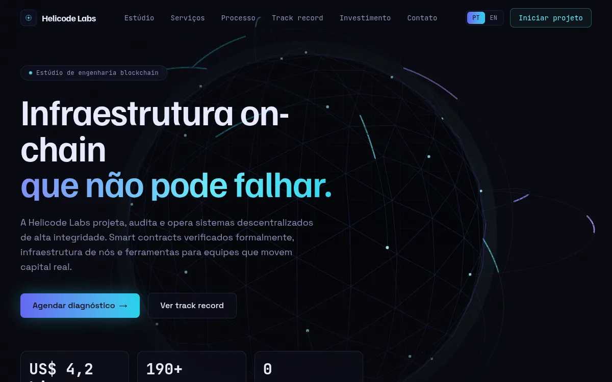 Site web3 com globo wireframe e arcos de conexao para estudio de blockchain